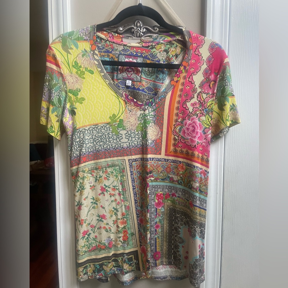 Johnny Was Colorful Patchwork V-Neck Women's Top